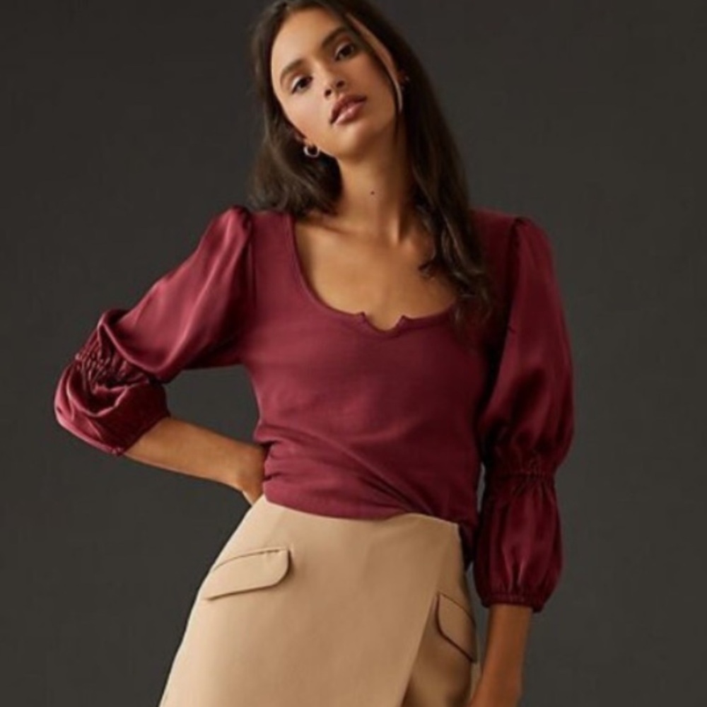 Anthropologie Maeve Burgundy Satin Puff Sleeve Top Size Large